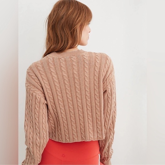 Aerie Mini Cable Cropped Crew Neck Sweater Beach Dune Size Large - Picture 2 of 11